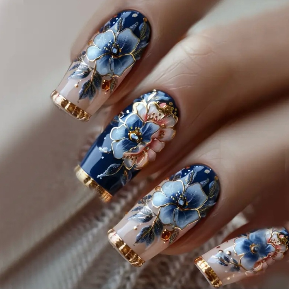 Floral Blue and Cream Press-On Nails, NEW - Picture 6 of 6